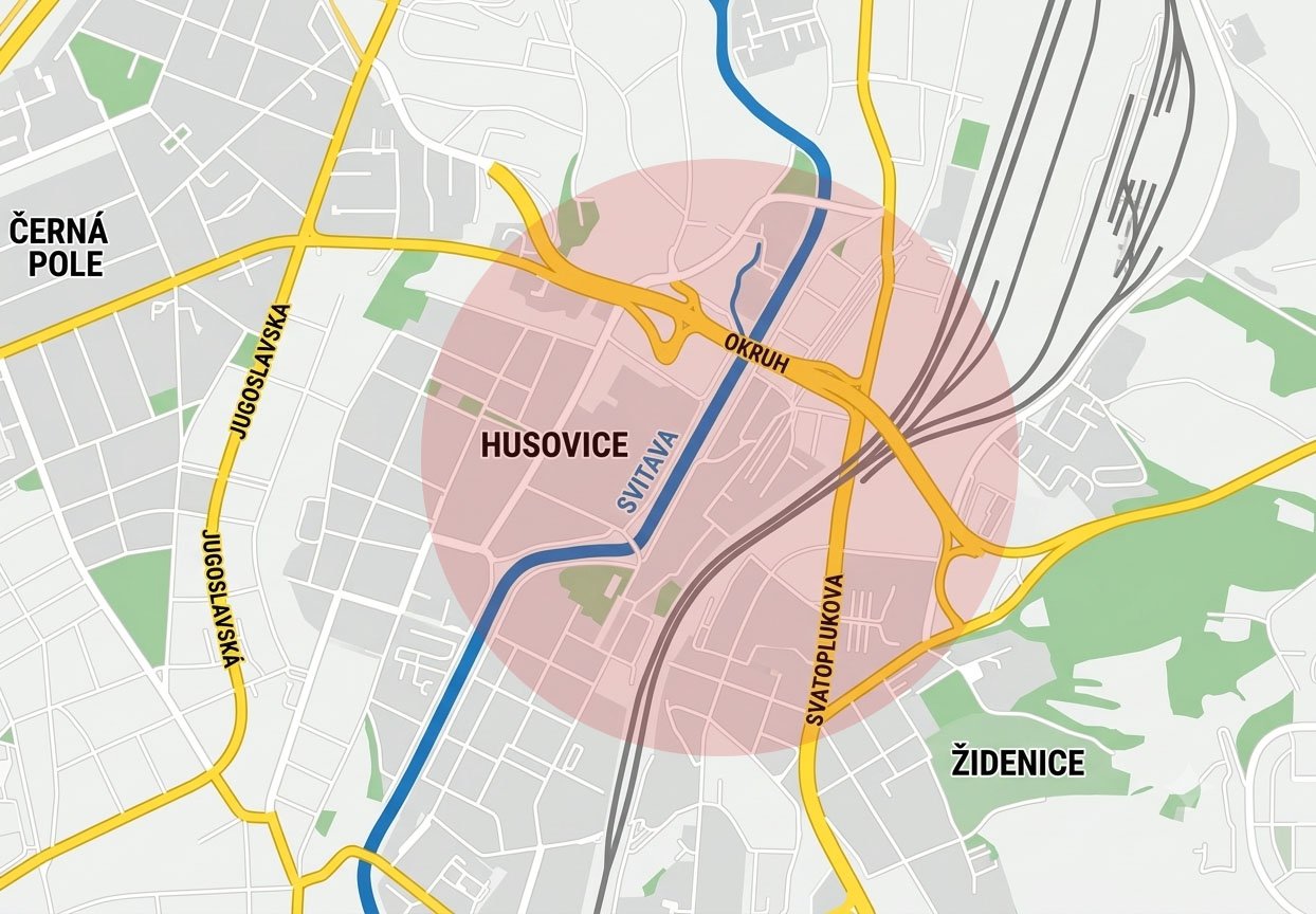 Mapa Brna s vyznačenou přibližnou oblastí KomuDílnae kolem městské části Husovice.
